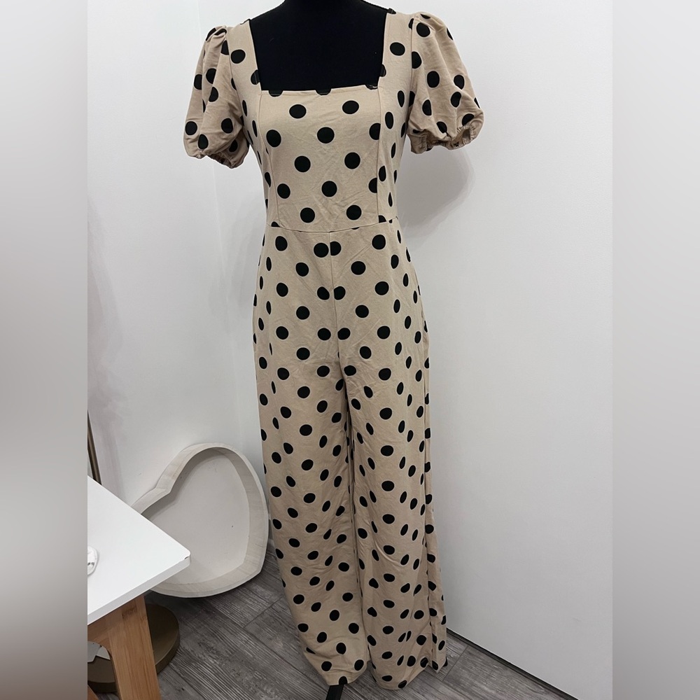 Mango Tan and Black Polka Dot Jumpsuit with Puff Sleeves